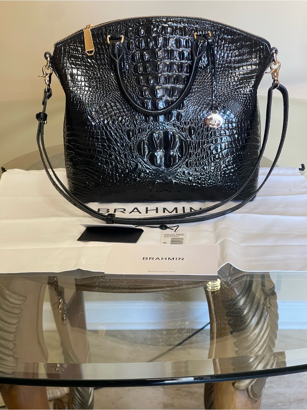 Brahmin Duxbury Black Croc-Embossed Patent Leather Satchel with Gold Hardware